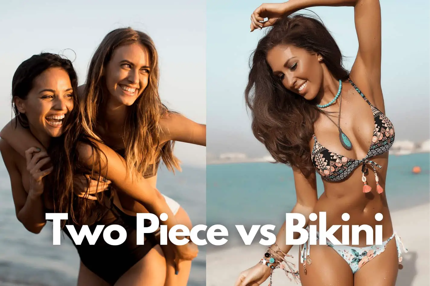 Ladies in two piece swimwear on the beach and a comparison image of a lady on the beach in a bikini