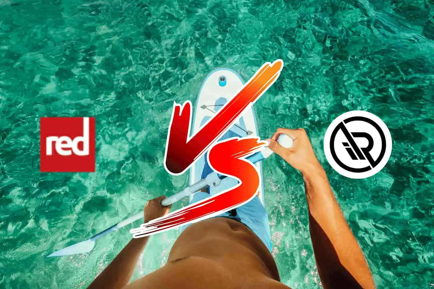 Man riding a paddleboard looking down from his eyeline to the water with the irocker and red paddle logos and a versus sign inbetween