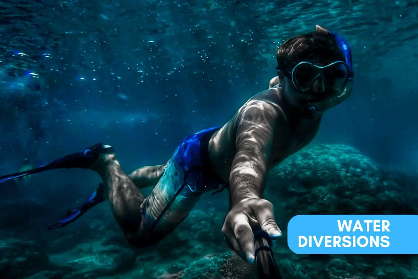 Man snorkeling in the dark blue water