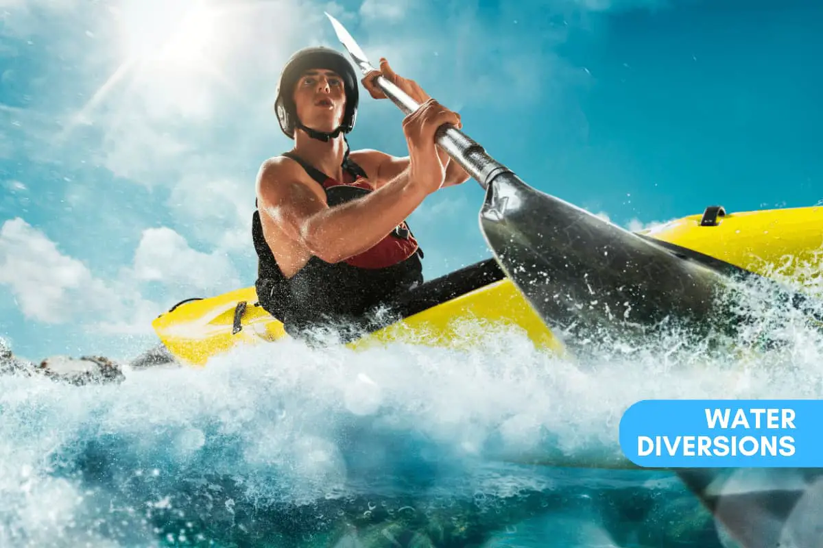 Man with helmet hard paddling his kayak